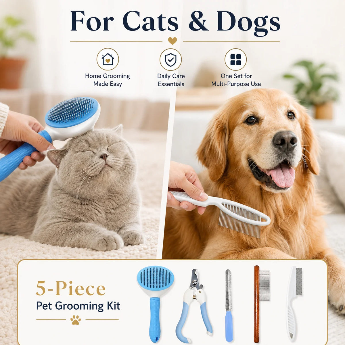 5Pcs Pet Grooming Kit, Nail Clipper Comb Set, Flea Comb Hair Remover for Dog Cat Grooming