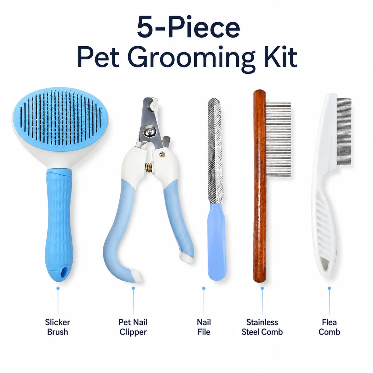 5Pcs Pet Grooming Kit, Nail Clipper Comb Set, Flea Comb Hair Remover for Dog Cat Grooming