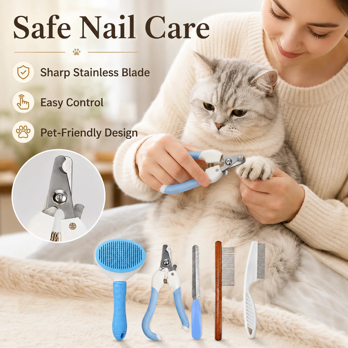 5Pcs Pet Grooming Kit, Nail Clipper Comb Set, Flea Comb Hair Remover for Dog Cat Grooming