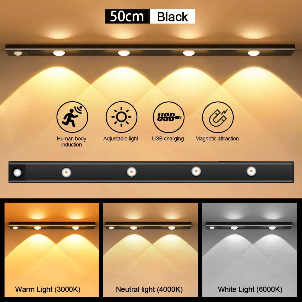 LED-Sensorleuchte mit Bewegungssensor – Kabellose, ultradünne USB-LED für Küchenschränke, Schlafzimmer und Kleiderschränke