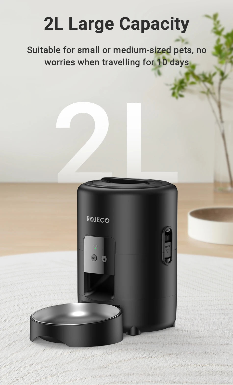 ROJECO 2L Automatic Pet Feeder Smart Cat Food Kibble Dispenser Wi-Fi App Remote Control Auto Dog Feeder For Cat Pet Accessories