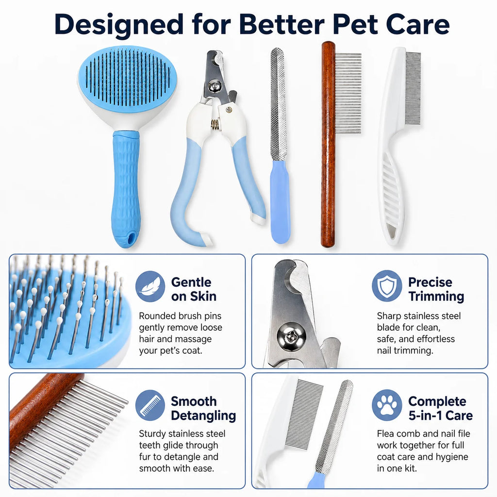 5Pcs Pet Grooming Kit, Nail Clipper Comb Set, Flea Comb Hair Remover for Dog Cat Grooming