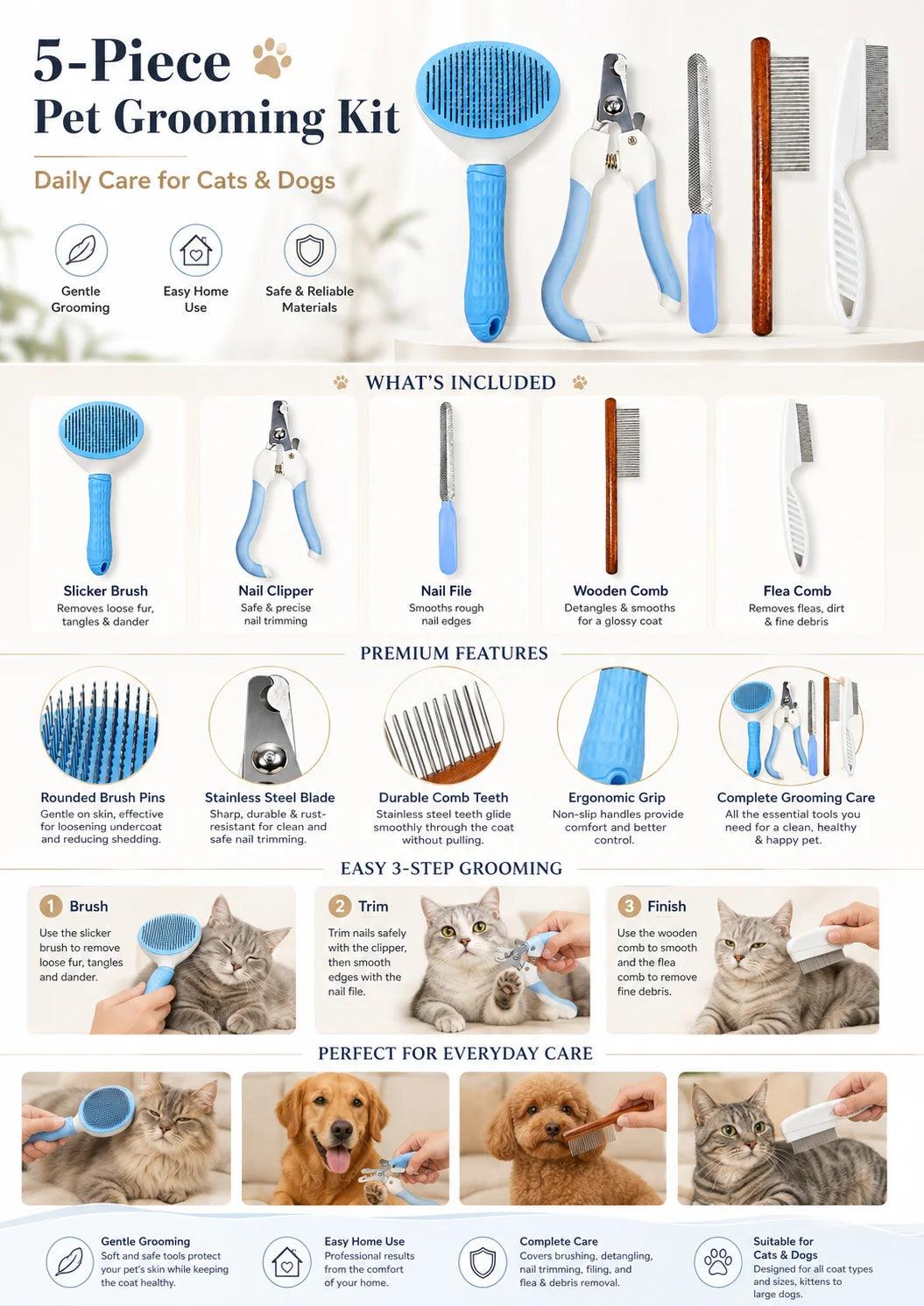 5Pcs Pet Grooming Kit, Nail Clipper Comb Set, Flea Comb Hair Remover for Dog Cat Grooming