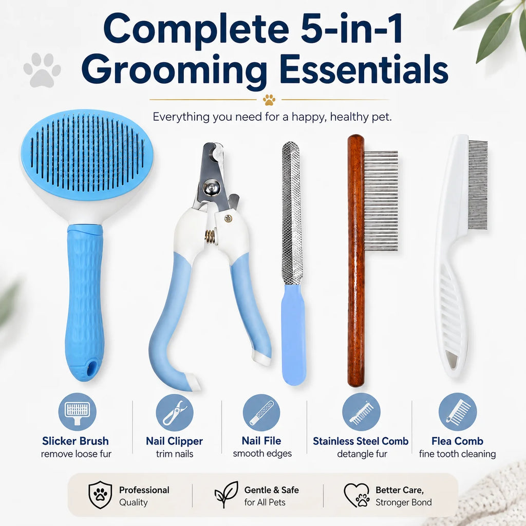 5Pcs Pet Grooming Kit, Nail Clipper Comb Set, Flea Comb Hair Remover for Dog Cat Grooming
